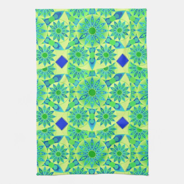 Mandala Pattern, Turquoise, Blue, Lime Green Kitchen Towel (Vertical)