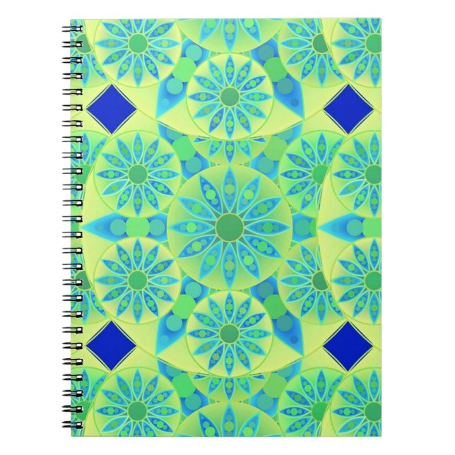 Mandala pattern, turquoise, blue, lime green notebook (Front)