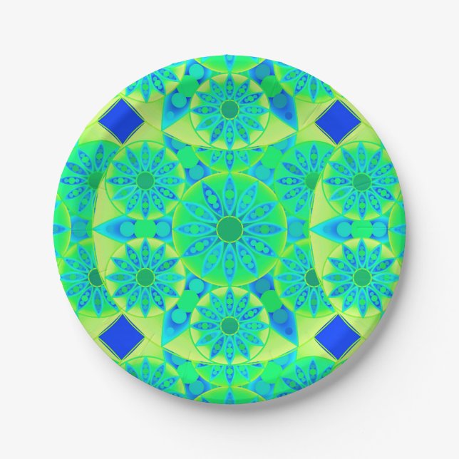 Mandala pattern, turquoise, blue, lime green paper plate (Front)