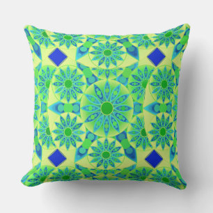 Mandala pattern, turquoise, blue, lime green throw pillow