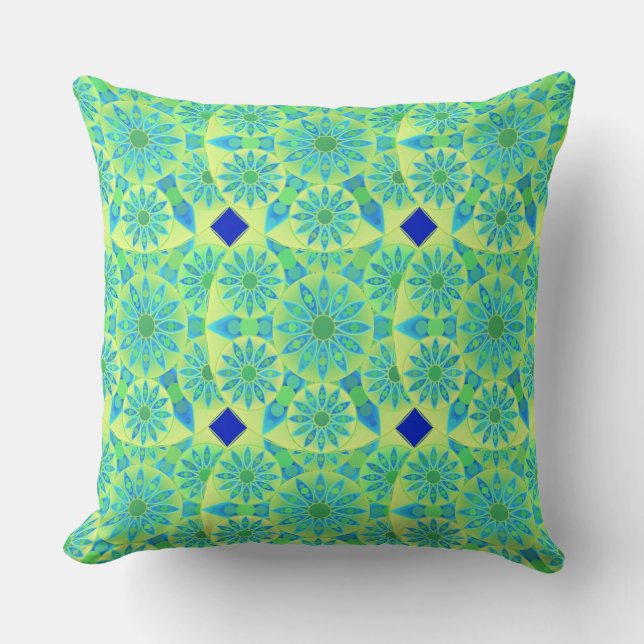 Mandala pattern, turquoise, blue, lime green throw pillow (Front)