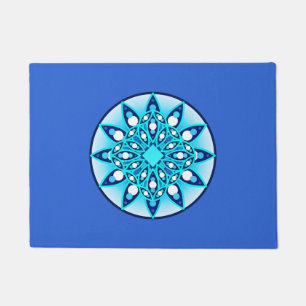 Mandala pattern, turquoise, cobalt blue and white doormat