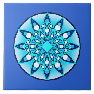 Mandala pattern, turquoise, cobalt blue and white tile