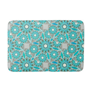 Mandala pattern, turquoise, silver grey and white bath mat
