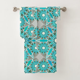 Mandala Pattern, Turquoise, Silver Grey and White Bath Towel Set