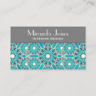 Mandala pattern, turquoise, silver grey and white business card