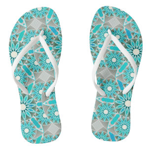 Mandala pattern, turquoise, silver grey and white flip flops