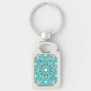 Mandala pattern, turquoise, silver grey and white keychain