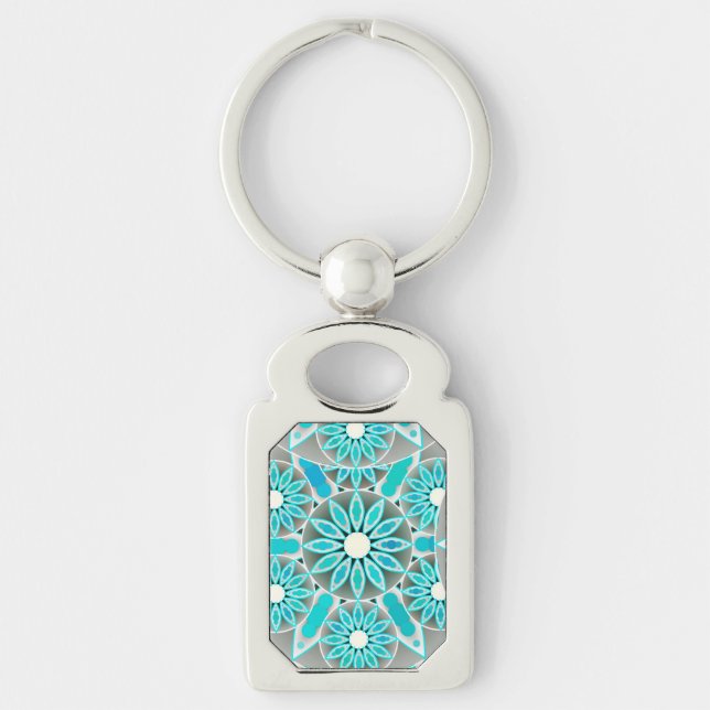 Mandala pattern, turquoise, silver grey and white keychain (Front)