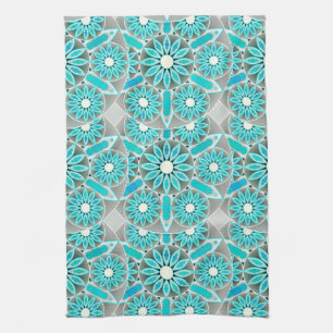 Mandala Pattern, Turquoise, Silver Grey and White Kitchen Towel
