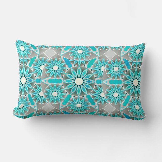 Mandala pattern, turquoise, silver grey and white lumbar pillow (Front)