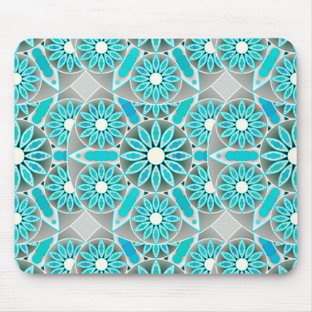 Mandala pattern, turquoise, silver grey and white mouse pad (Front)