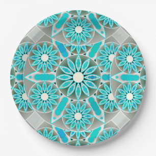 Mandala pattern, turquoise, silver grey and white paper plate
