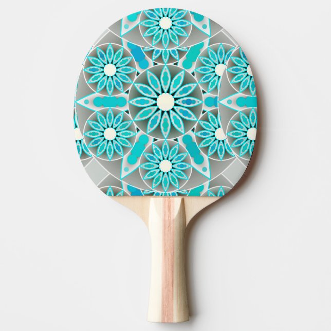 Mandala pattern, turquoise, silver grey and white ping pong paddle (Front)
