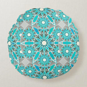 Mandala pattern, turquoise, silver grey and white round pillow