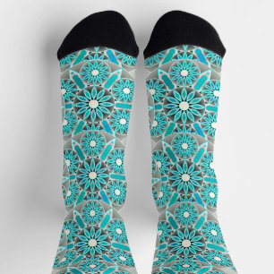 Mandala pattern, turquoise, silver grey and white socks