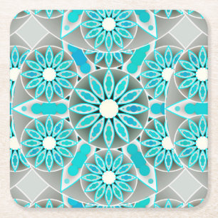 Mandala pattern, turquoise, silver grey and white square paper coaster