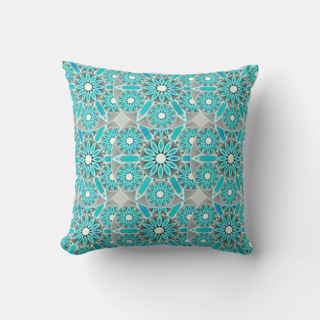 Mandala pattern, turquoise, silver grey and white throw pillow (Front)