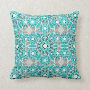 Mandala pattern, turquoise, silver grey and white throw pillow