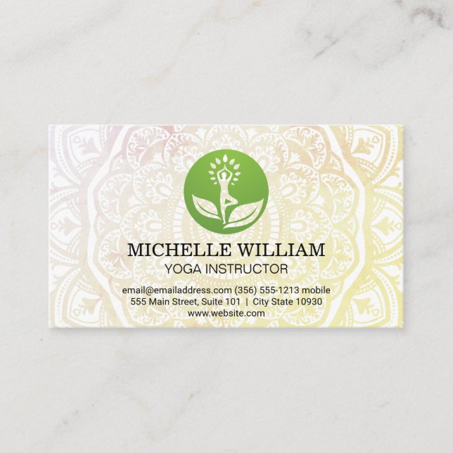 Mandala Pattern | Yoga Leaf Logo Business Card (Front)