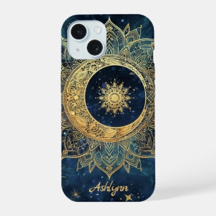 Mandala personnalisé bleu céleste or soleil lune 