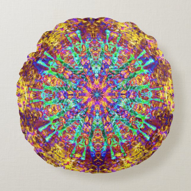 Mandala Psychedelic Trippy Hippie Colour Splash Round Pillow (Front)