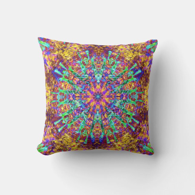 Mandala Psychedelic Trippy Hippie Colour Splash Throw Pillow (Front)