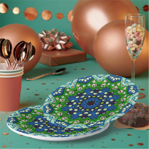 Mandala Retro Mosaic Green Blue Pattern Paper Plate