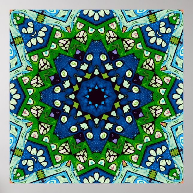 Mandala Retro Mosaic Green Blue Pattern Poster (Front)