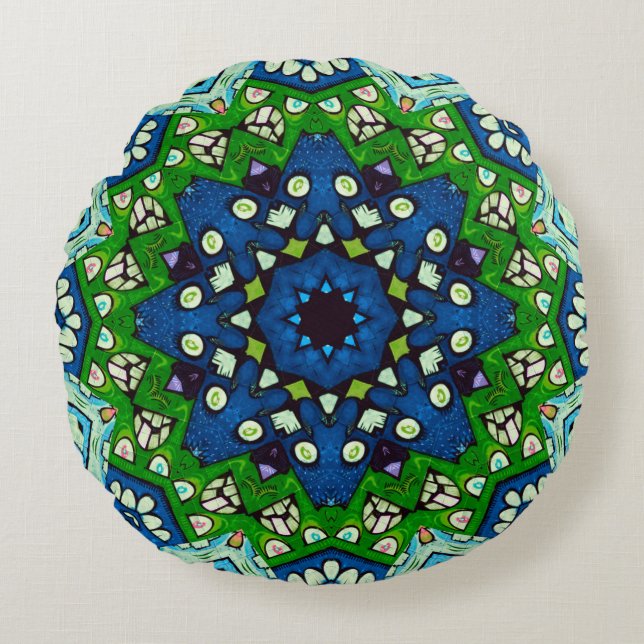 Mandala Retro Mosaic Green Blue Pattern Round Pillow (Front)