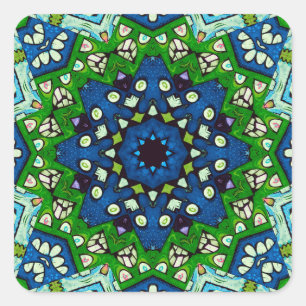 Mandala Retro Mosaic Green Blue Pattern Square Sticker