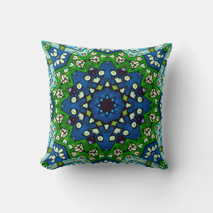 Mandala Retro Mosaic Green Blue Pattern Throw Pillow