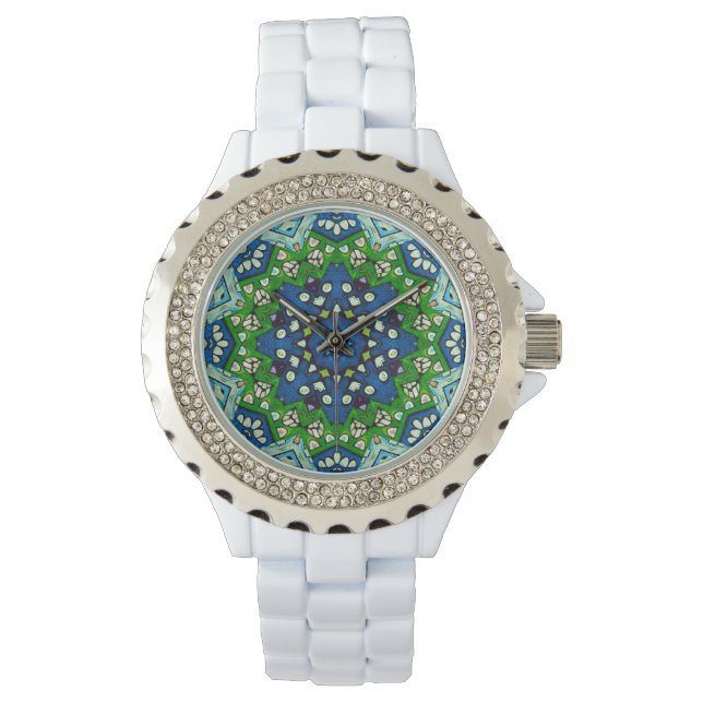 Mandala Retro Mosaic Green Blue Pattern  Watch (Front)