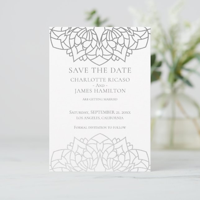 Mandala Silver Grey Pattern Personalized Wedding Save The Date (Standing Front)