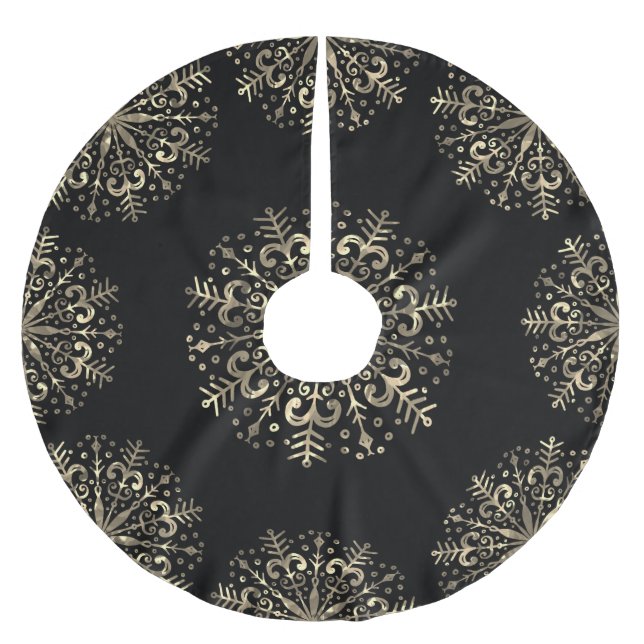 Mandala Snowflake Gold and Black Brushed Polyester Tree Skirt (Front)