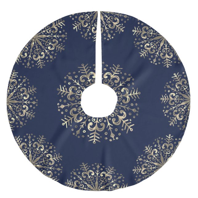 Mandala Snowflake Gold Navy Blue Tree Skirt (Front)
