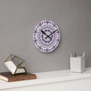 Mandala Spiritual Kaleidoscope Blue Purple White.  Round Clock