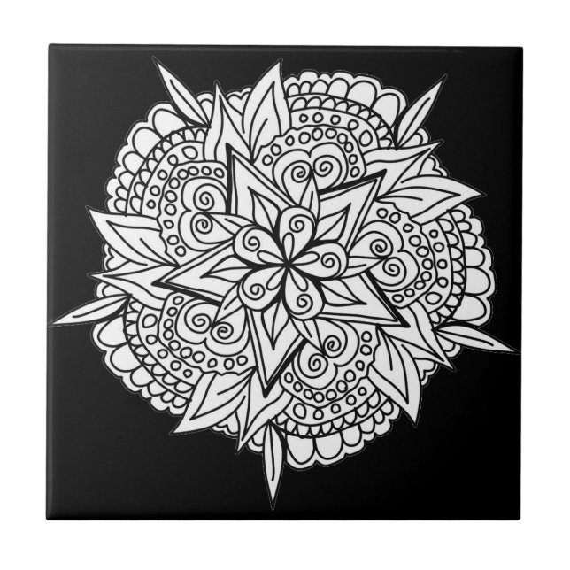 Mandala Star Flower Black and White Ceramic Tile (Front)