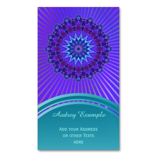 Mandala Star in violet blue + your backg. & ideas Magnetic Business Card (Front Vertical)