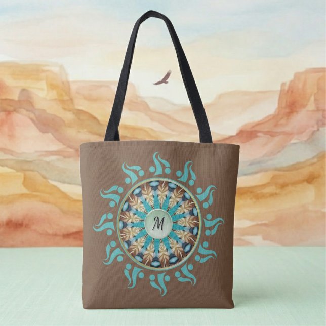 Mandala Sun Turquoise, brown, blue and Tan Tote Bag (Creator Uploaded)