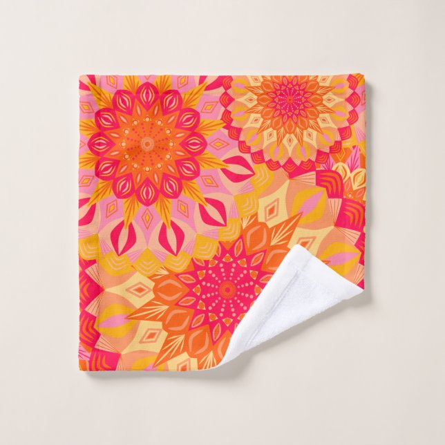 Mandala superposé orange rose jaune (Gant de toilette)