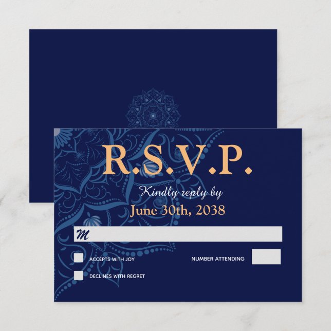 Mandala sur le mariage bleu royal Réponse RSVP (Devant / Derrière)