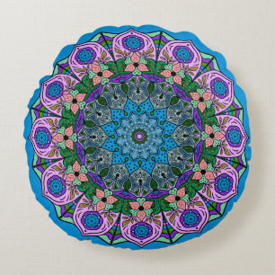 Mandala TealRose 12 Petals Pink Orange Teal Round Pillow