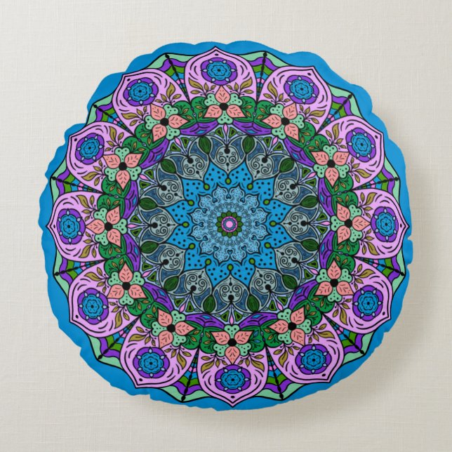 Mandala TealRose 12 Petals Pink Orange Teal Round Pillow (Front)