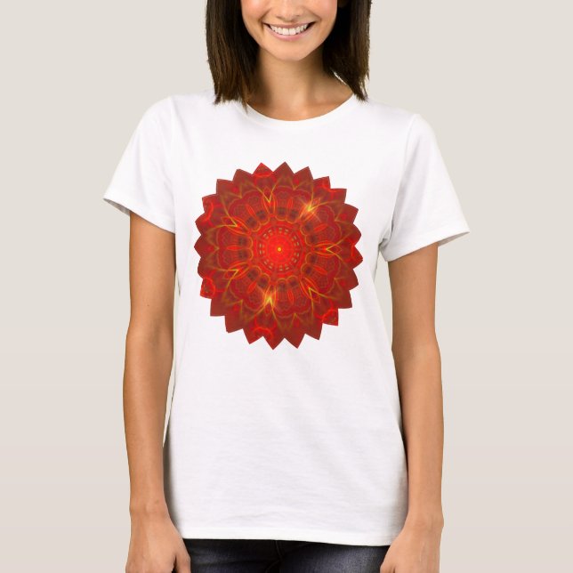 Mandala Thin Lines Warm Colours Red Background T-Shirt (Front)