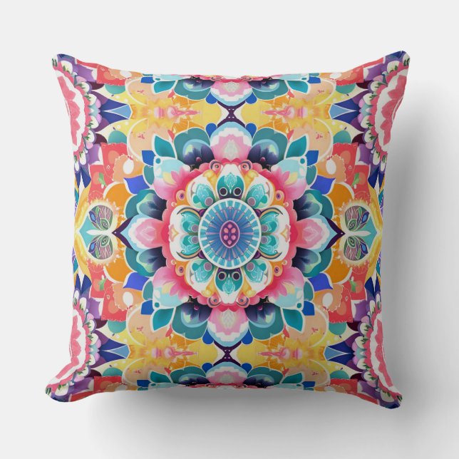  Mandala Tile in Pink, Teal and Yellow Throw Pillow (Front)