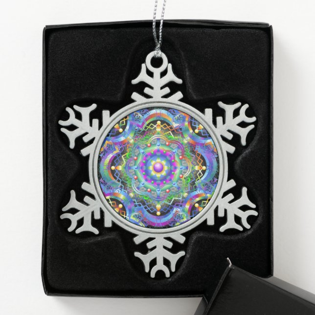 Mandala Universe Psychedelic Colours Snowflake Pewter Christmas Ornament (Box)
