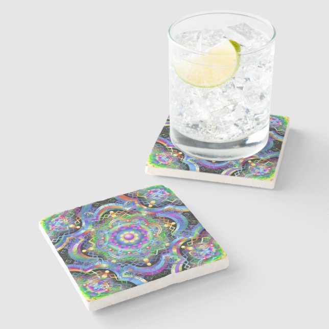 Mandala Universe Psychedelic Colours Stone Coaster (Side)