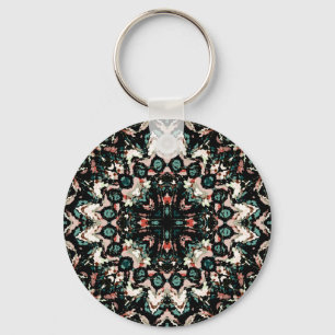 Mandala. White, green, beige circular ornament Keychain