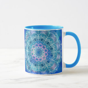 Mandala White Outline 12 on Blue Teal - Mug